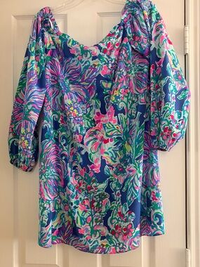 Lilly Pulitzer Multicolor Floral Off‑Shoulder Tunic — Blue, Pink & Green